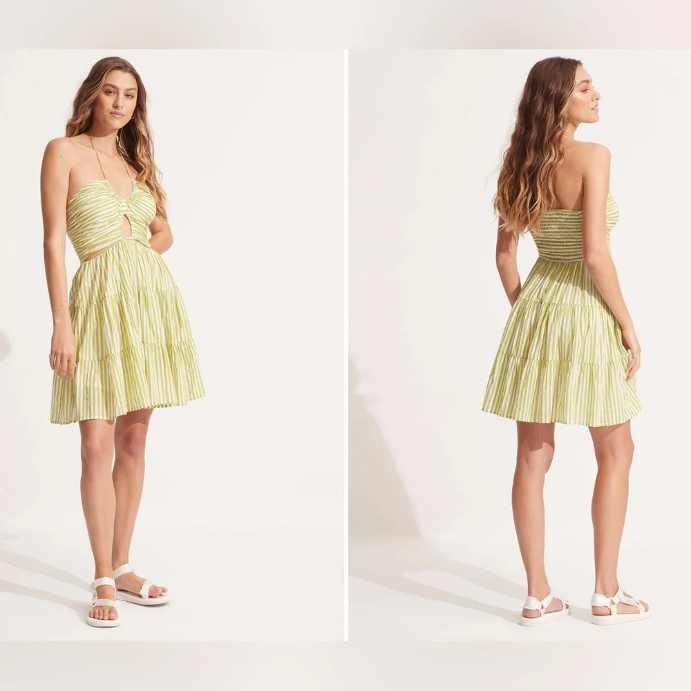 NWT Seafolly Stripe Tier Mini Dress Soft Olive Green Yelloow White Sz S
